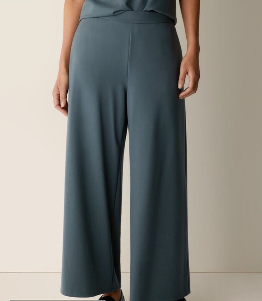 Eileen Fisher Textured Wide Leg Ponte Pant Blue Gray Minimalist Luxe Travel Work